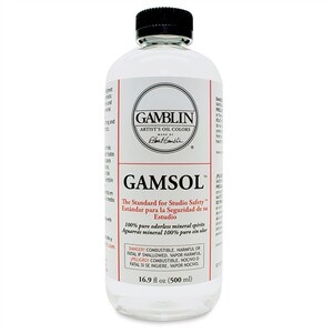A bottle of Gamblin Gamsol odorless mineral spirits.